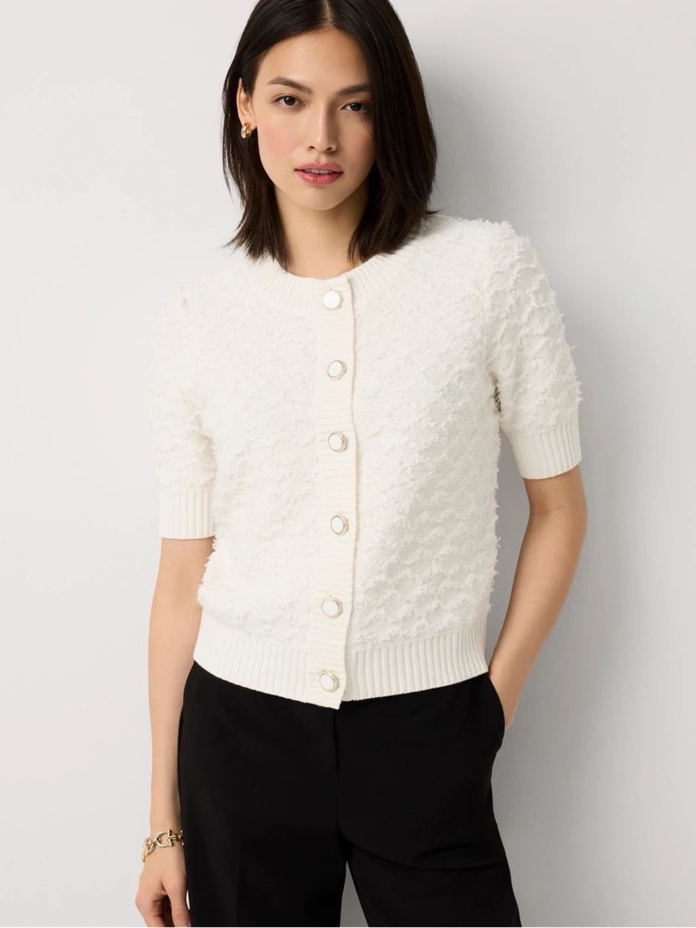 White House Black Market Cream Textured Button-Front Jacket